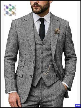 Classic Herringbone Tweed Three Piece Suit Regular Fit Wedding Business Formal